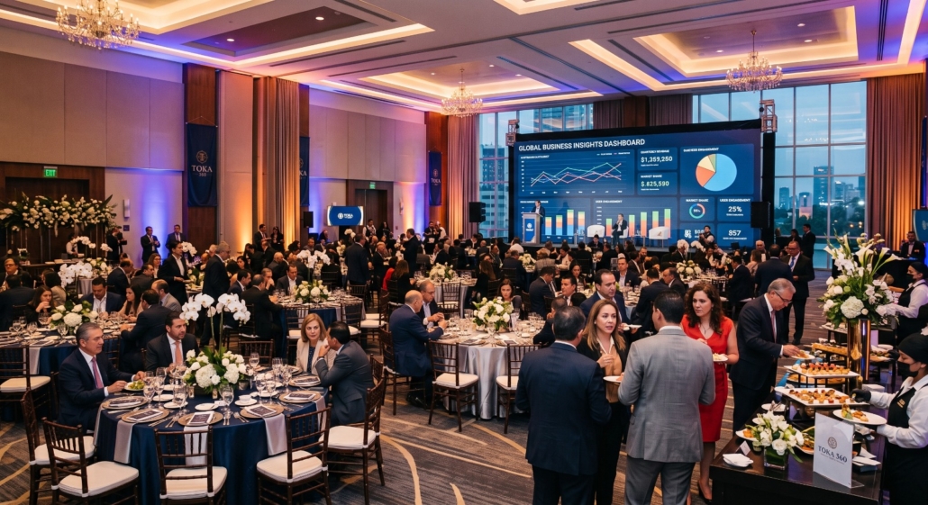 Salón de evento corporativo de TOKA 360 con pantalla de datos, mesas decoradas y invitados en Ciudad de México
